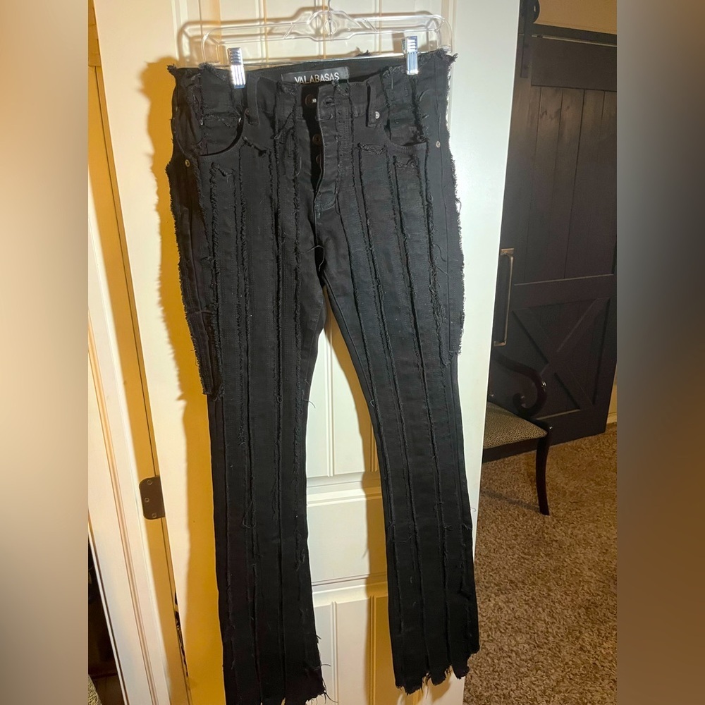 Valabasas Black Stacked Vertical Frayed Jeans, waist 30